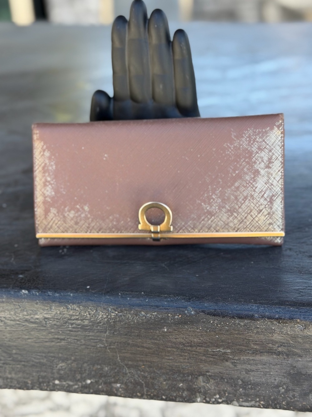 Salvatore Ferragamo Gancini Clip Leather Long Bifold Wallet Brown